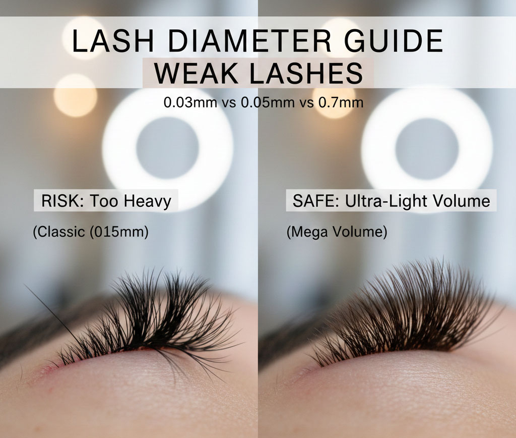 Comparison of 0.03 vs 0.05 lash fans on weak natural lashes showing correct weight distribution